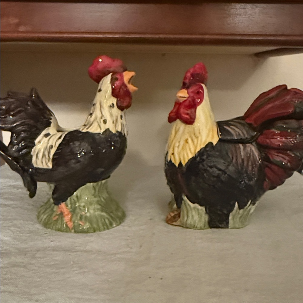 Pair of Ceramic Rooster Figurines - Black, Cream & Red